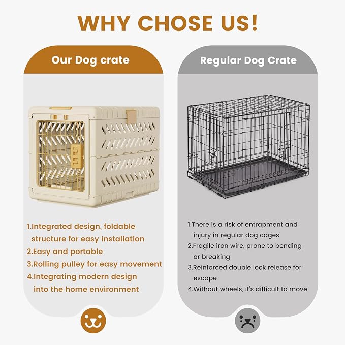 Collapsible Dog Crate for Large/Medium Dogs - 36" L Foldable Dog Cage No-Tool Assembly, Travel Dog Crate with 2 Wheels - Easy to Carry, Space-Saving, Indoor Outdoor Use, Cream, 36.4”L*22.84”W*25.8”H