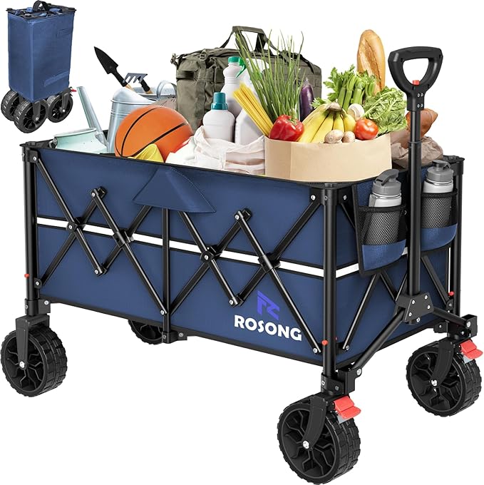 ROSONG Collapsible Wagon Cart with Wheels Foldable - Folding Utility Heavy Duty Wagons Carts for Grocery Sports Garden Shopping Camping Wheelbarrows (Navy Blue, 150L)