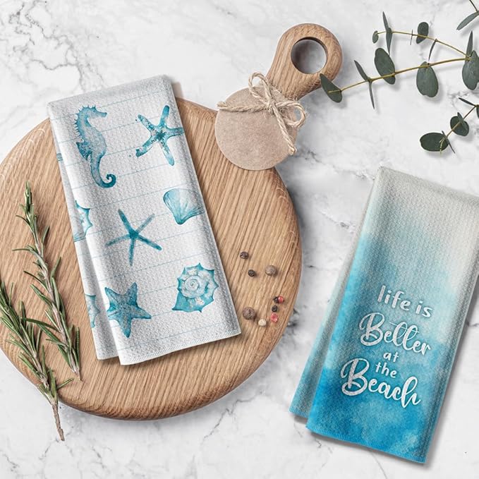 Beach Funny Kitchen Towels for Home Decor Starfish Seahorse Scallop Ocean Themed Summer Dish 16x24 Inch Seasonal Ultra Absorbent Bar Hand Towel Bathroom Farmhouse Set of 2-Blue