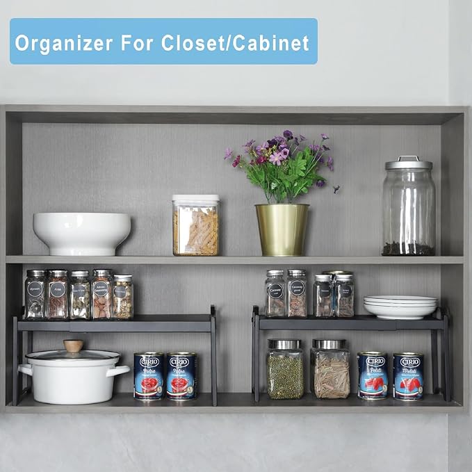 Expandable Cabinet Shelf Organizer, Adjustable kitchen Countertop Storage | 2 Pack Stackable Metal Kitchen Cabinet Countertop Storage Shelves, Heavy Duty Counter Cupboard Pantry Organizers, 20.5" Long