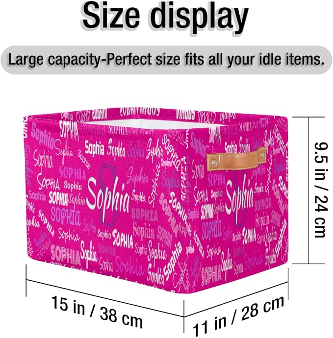 Personalized Name Storage Basket with Handles, Canvas Storage Bins Toys Clothes Organizer for Bedroom, Kitchen, Bathroom, Nursery, Shelves, Closets, Deep Pink Background