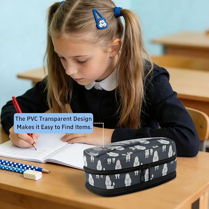Cute Pets Poodle Black pattern Large Capacity Pencil Case with Zipper Water Resistant Portable Organizer Pen Bag for School Office Students