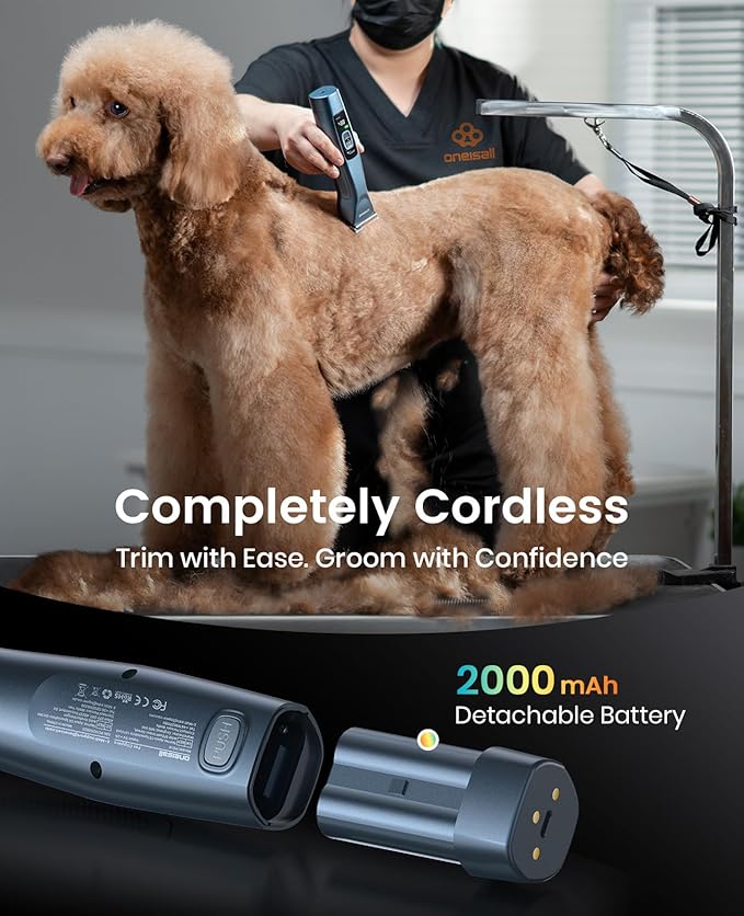 oneisall Professional Dog Grooming Clippers, Cordless Professional Dog Clippers for Grooming, 2-Speed Heavy Duty Clippers for Thick Curly Matted Coats, A5 Blade, Detachable Batteries, Metal Combs
