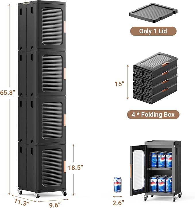 BROVIEW 4-Tier Tall Narrow Storage Cabinet Organizer, Slim Bathroom Cabinets with Adjustable Shelves and Doors, Plastic Kitchen Pantry Organizers and Storages for Small Space, Laundry, Black
