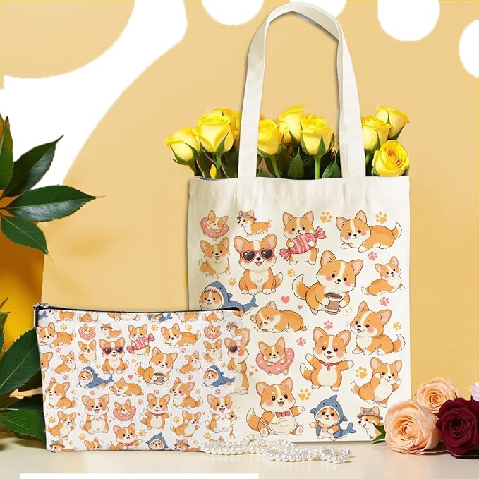 Cute Dog Gifts Corgi Gifts for Corgi Lovers Girls Friend Sister Dog Mom Makeup Bag Cosmetic Bags Canvas Tote Bag, Reusable Grocery Bags with Inner Pocket for Shopping Birthday Christmas Thanksgiving
