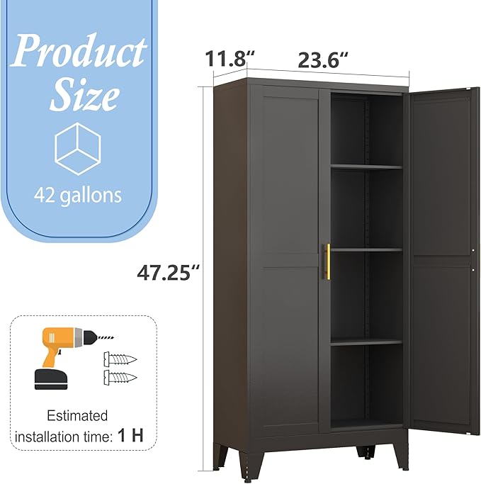 Black Kitchen Pantry Cabinets, 48" Metal Storage Cabinet for Office | Steel Kitchen Pantry Storage with Doors and 3 Adjustable Shelves, for Office, Home, Garage, School