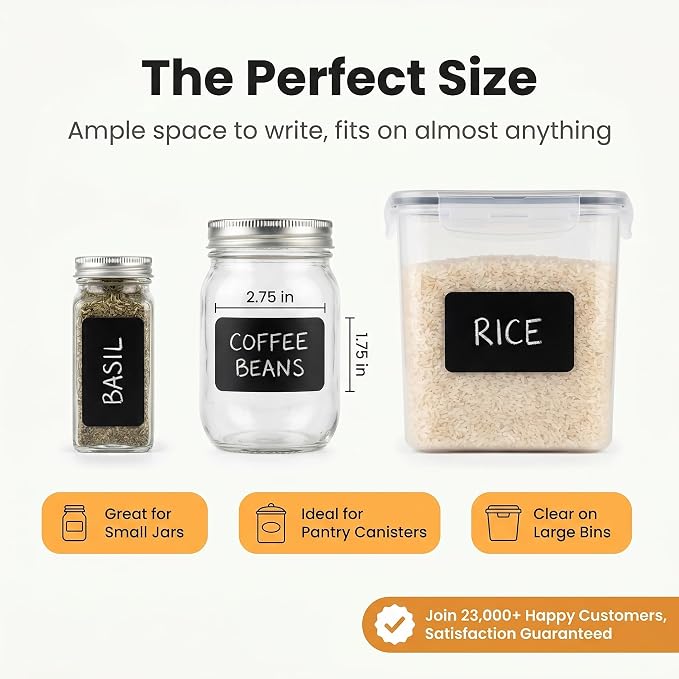 200 Chalkboard Labels for Food Containers, Reusable Black Stickers with Chalk Marker, Removable Pantry Chalk Board Jar Labels Stickers for Glass Jars, Storage Food Mason Jars, Kitchen Organization
