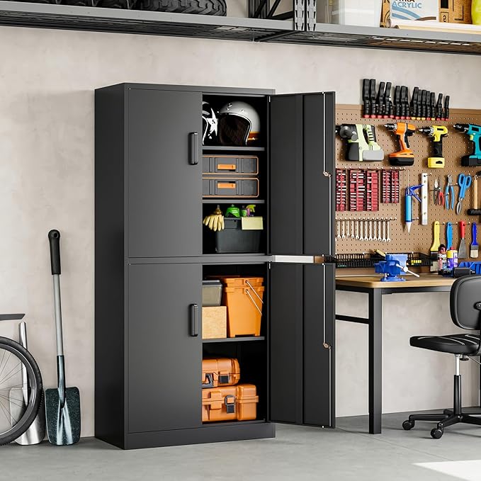 Metal Storage Locking Cabinet with 4 Doors and 2 Adjustable Shelves,71" Lockable Garage Tall Steel Cabinet,for Home Office,Living Room,Pantry,Gym,Commercial Storage (Black)