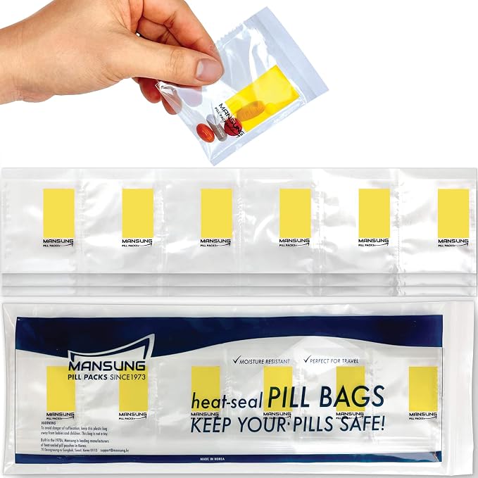 Mansung M 600 Bags/Yellow, Heat Seal Pill Bags, Suite, Sorter Organizer for Medication, Food Safe, BPA Free Heat Seal Bag pouche Pack Organizer Dispenser kit Daily Blister Packs Use with Tray, AM PM