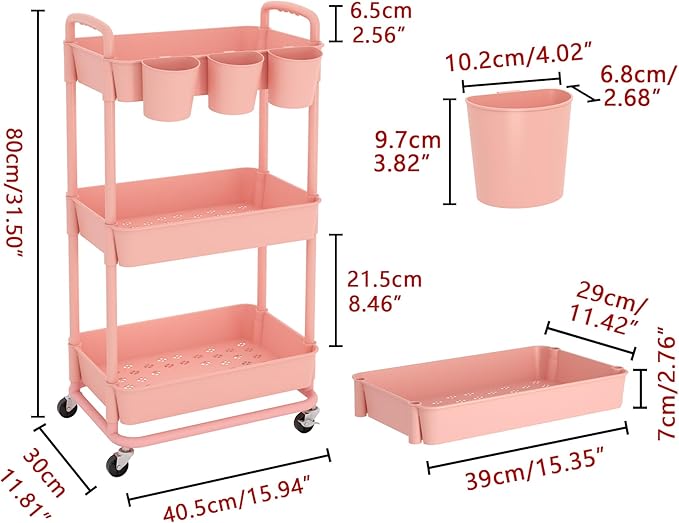 3-Tier Plastic Rolling Storage Cart Utility Cart Pink | Utility Cart with Extra Hanging Cups Arc-Shaped Handles Lockable Wheels for Living Room Bathroom Kitchen Office