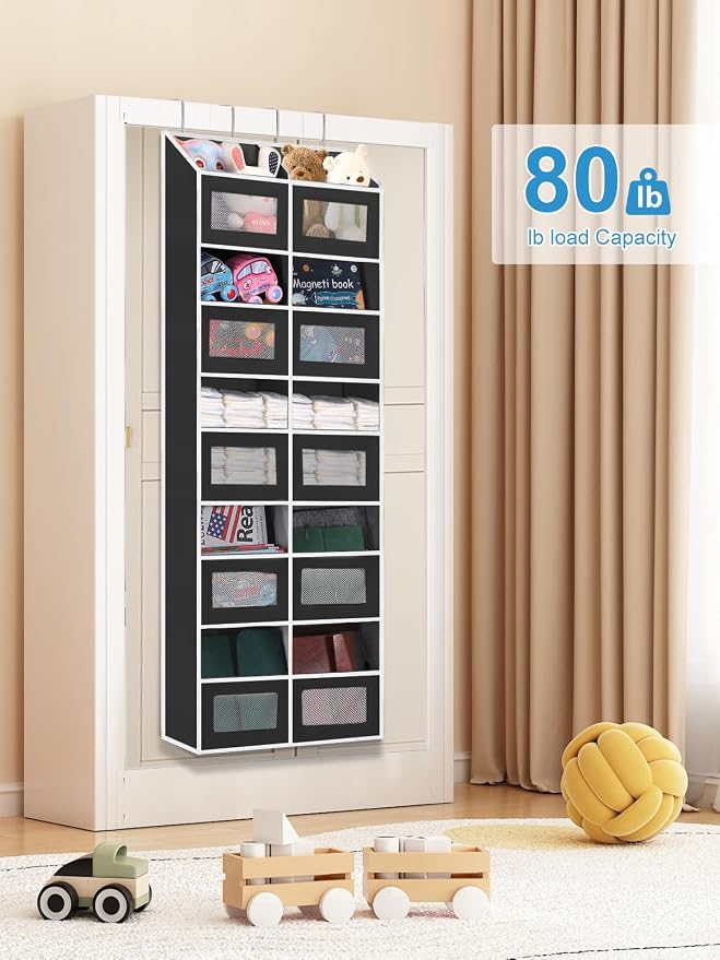 Over the Door Organizer Hanging- 10 Compartments, 80 lbs Load Behind Door Stuffed Animal Storage, Extra Large Toys Storage Organization for Bedroom, Bathroom, Nursery, Shoes, Diaper (black)