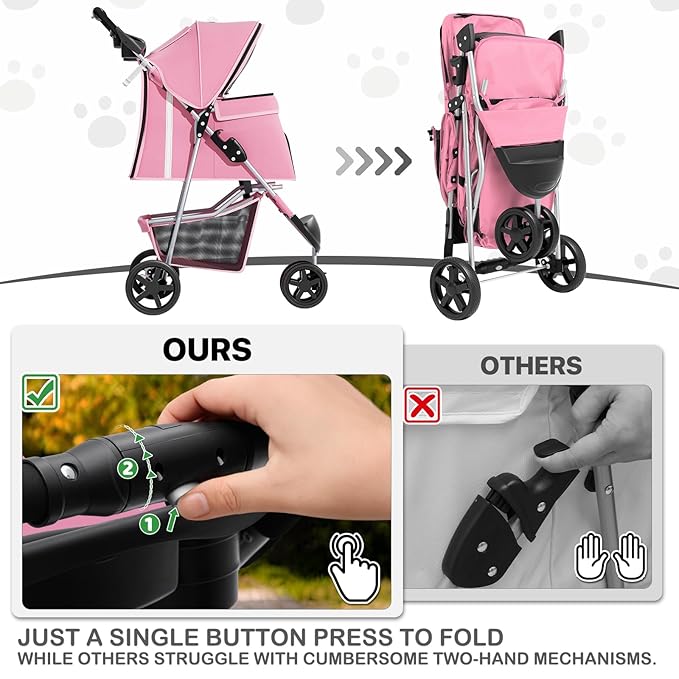 MoNiBloom Pet Stroller for Small/Medium Dogs and Cats up to 33 lbs, Pink | Foldable Dog Stroller 3 Wheels Pet Strolling Cart w/ Storage Basket Cup Holder, Breathable and Visible Mesh for All-Season