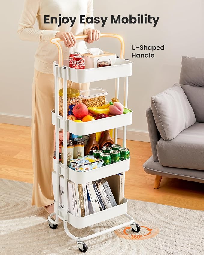Pipishell Metal 4 Tier Rolling Cart with Handle & 2 Lockable Wheels, White | Four Large 2" Wheels for Easier Movement, Sturdy Metal, Hold 22 lbs per Shelf, Ventilated Mesh Design, for Office and Kitchen