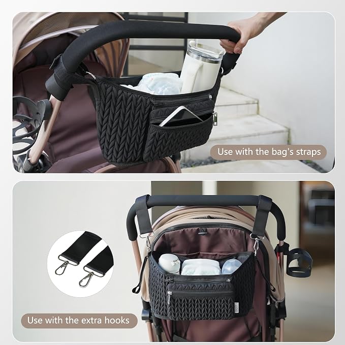 Stroller Organizer - Stylish Quilting Nylon, Universal Fit, Detachable Bag, Adjustable Multi-Storage for Baby Stroller and Pet Stroller（Black-A