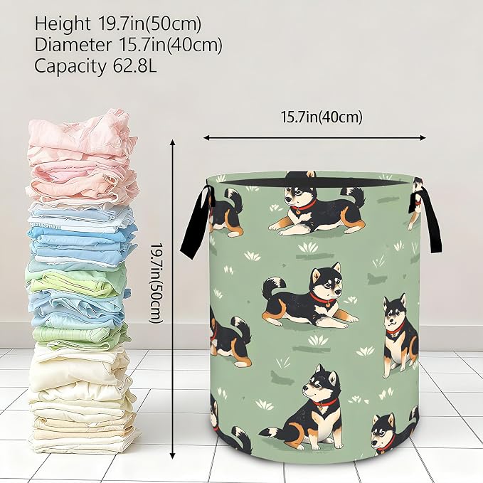 Playful Shiba Inu Dog Laundry Basket,Dirty Clothes Hamper,Cute Puppy Storage Bin,Pet Lovers Gifts,Foldable Waterproof Oxford Cloth Baskets for Bathroom,Bedroom,Home Decoration(19.7" x 15.7")