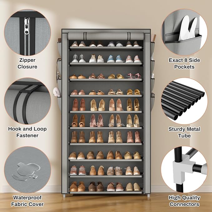 VTRIN Tall Shoe Rack with Cover, 10 Tier Shoe Organizer Storage for 50-55 Pairs Shoes and Boots Large Capacity Shoe Shelf with 8 Pockets Free Standing Shoe Rack for Closet, Entryway, Garage, Grey