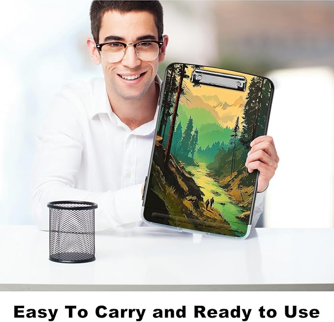 A4 Clipboard with Storage Pen Holder, Clipboards Organizer Nursing Clipboard Foldable File Folder Plastic Clipboard Folio Clip Board for Office Work Classroom Doctor, Green Forest Creek