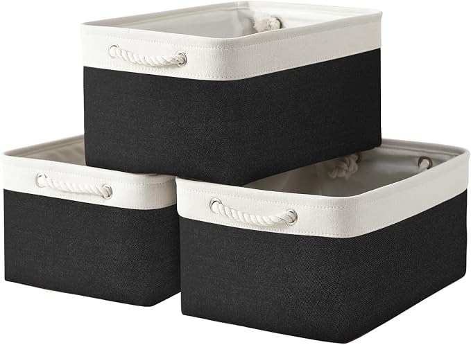 Storage Basket for Organizing - Large 3 Pack 15.7x11.8x8.3 inch Collapsible Storage Bin for Shelves with Handles Laundry Cube Toy Closet Nursery (Whiet & Black)