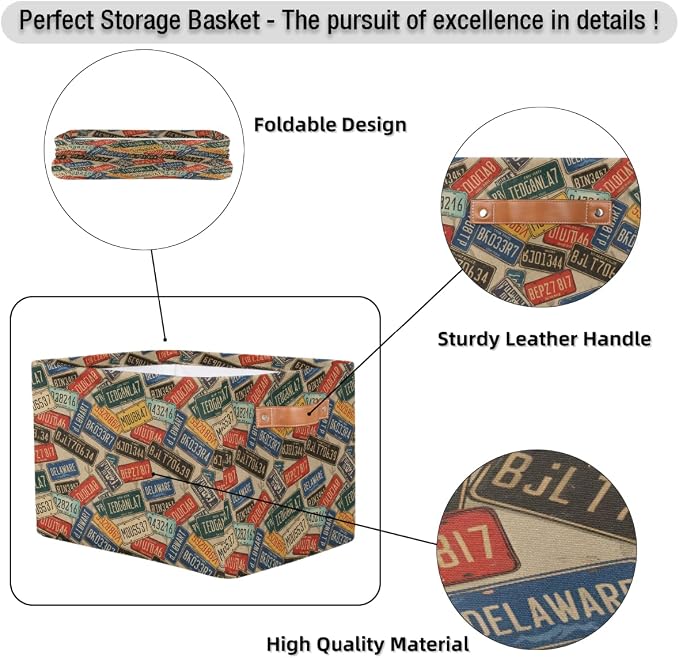 SEULIFE Vintage Car Number Plates Foldable Storage Basket, Large Collapsible Organizer Storage Bin Cube Toys Storage Boxes with Handles for Bathroom Kids Nursery Closet Storage, 1 Pack