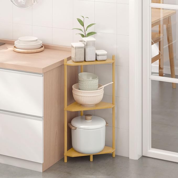 Wisuce Natural Small Corner Shelf Stand, 3-Tier Bamboo Corner Bookshelf | Space-Saving Narrow Corner Shelf | Bathroom Corner Shelf | Shelves for Bedroom, Living Room, Kitchen & Plant Display