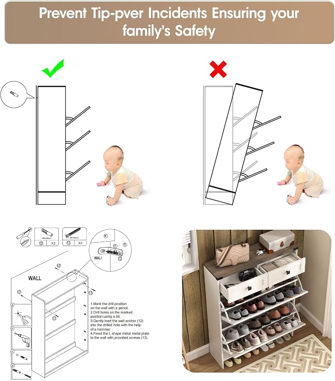 Halitaa Shoe Cabinet with 2 Flip Drawers & 2 Drawers,Farmhouse Shoe Storage Cabinet for Entryway,Slim Freestanding Narrow Organizer Rack for Front Door Entrance,White