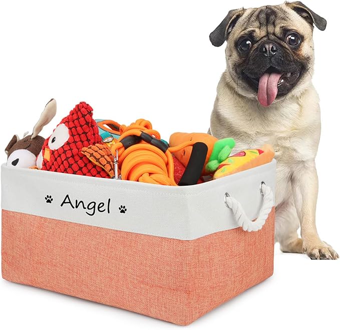 Personalized Dog Toy Storage Basket Bin Collapsible Customized Pet's Name Storage Box Organizer for for Dog Toys, Clothing, Apparel & Accessories (Orange, M)