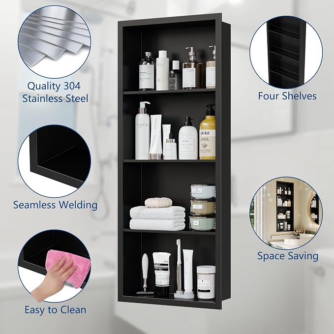 Qeke 14x 36 Medicine Cabinet Recessed with 4-Tiers Shelves, Matte Black | 304 Stainless Steel Medicine Cabinet without Mirror, No Tile Needed Wall Niche for Bathroom Storage, Space Saving & Durable