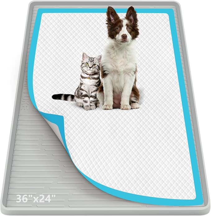 Pee Pad Holder for Dogs 36"x 24" Extra Large Silicone Puppy Pee Pad Tray | Potty Pad Holder with Raised Edge, Leak-Proof, No Spill Pet Training Pads Mat for Floor Protection, No Pee Pads