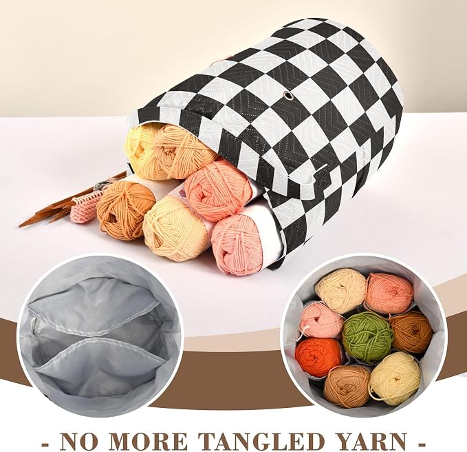 Tatenale Crochet Bag Yarn Bag Knitting Project Bag with Pockets and Handle Portable Yarn Storage Organizer Tangle Free 8.3x11 InchCheckered Black and White15