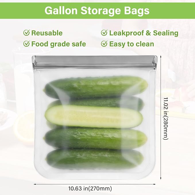 6Pack Gallon Freezer Bags, 11" x 10.6" Reusable Silicone Food Storage Bags - Leakproof, Lock Bags for Microwave, Dishwashe, Airtight Storage Bags for Lunch Container Organization