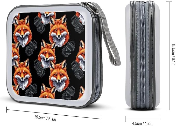 Hard Plastic 40-Disc Storage Binder Fox Art, Protective CD/DVD Wallet with Zipper, Portable Organizer for Movies Music