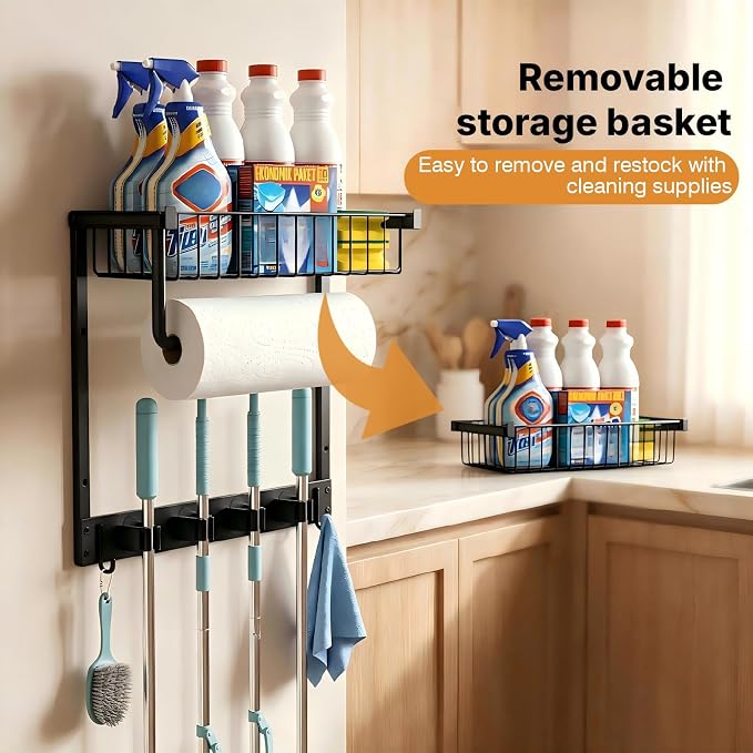 Broom Holder Wall Mount with Paper Towel Holder& Removable Anti-fall Basket | Broom and Mop Organizer Wall Mount Cleaning Supplies Organizer for Laundry Room, Apartment, Utility Room