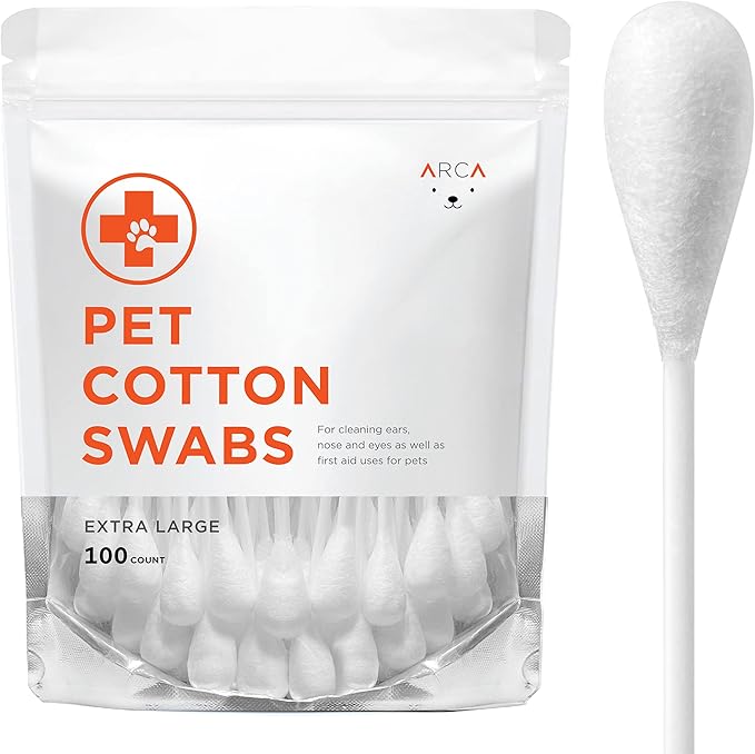 ARCA PET Cotton Swabs for Dogs and Cats - Cat & Dog Ear Cleaner Long Cotton Swab - Extra Large Cotton Head, Cat & Dog Ear Cleaning Kit for Puppies, Multipurpose Pet Cotton Swabs (Extra Large 100 Buds)