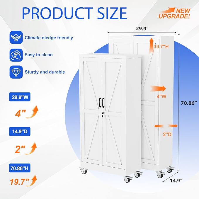 GAIOUS 71" Tall Metal Storage Cabinet with Lock and Wheels, Office Cabinet | Garage Storage Cabinet with 2 Locked Door and 4 Adjustable Shelves, Rolling Tool Cabinet, File Cabinet for Home Office, White
