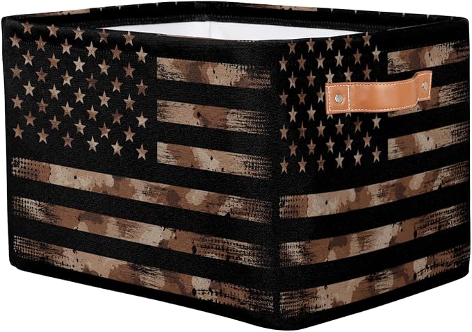 Pardick Flag Basket Storage Bins Rectangle Canvas Basket Cube Storage Box | Nursery Foldable Basket with Handle for Kids Girls Boys Toys Living Room Closet Organizer Shelf Gifts Camo Brown