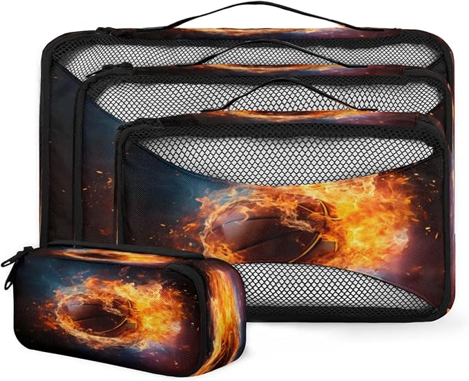 Fire Basketball Packing Cubes for Travel, Luggage Packing Organizers, Burning Ball Travel Accessories Large Toiletries Bag for Clothes Shoes Cosmetics Toiletries