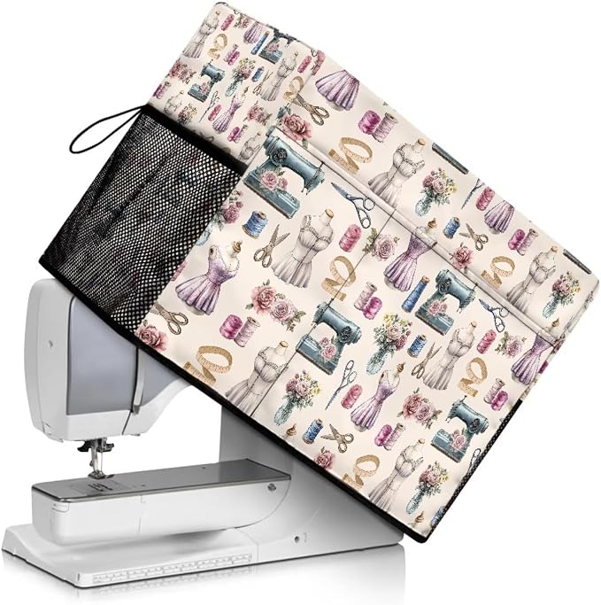 Sewing Print Design Sewing Machine Cover,Duty Protective Dust Cover with Storage Pockets for Most Standard Singer & Brother Sewing Machines and Accessories