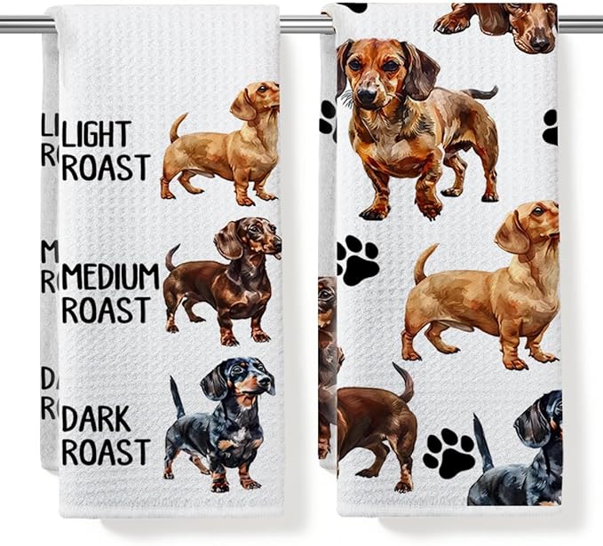 Funny Coffee Dachshund Waffle Weave Kitchen Towels, Quick Dry Multipurpose Hand Towels for Bathroom, Absorbent Reusable Cloth Tea Dish Towels for Home Decor, Dog Lover Gift Towel Set of 2