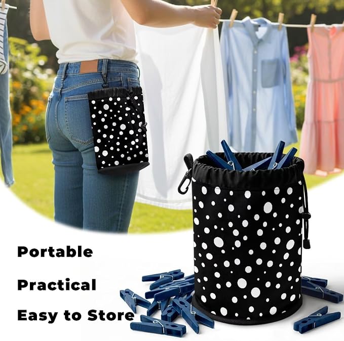 Large Capacity Clothespin Bag with Hanging Hook White Polka Dot Waterproof Clothes Pin Hanging Bag Clothespin Storage Organizer with Large Opening