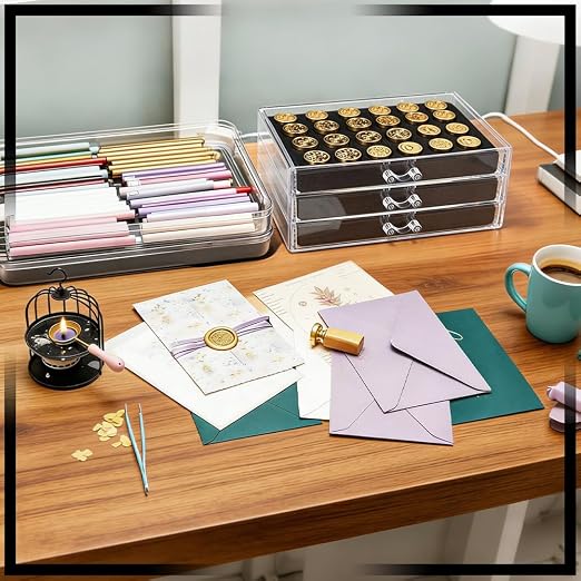 NBEADS 72-Slot Wax Seal Stamp Head Storage Organizer, PET Clear Stamp Case with 3 Drawers Wax Seal Stamp Heads Storage Case Great Tool with EVA Foam Pad for Sealing Stamps, 8.43x6.03x3.48inch