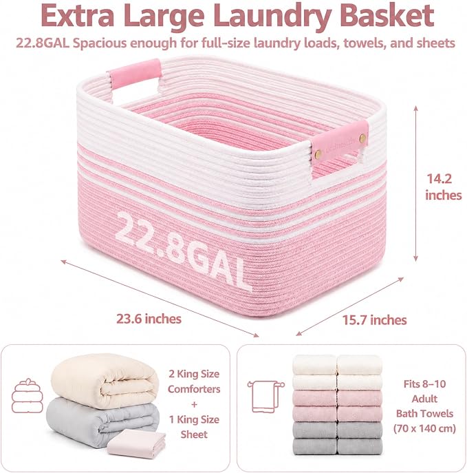 22.8GAL Extra Large Collapsible Laundry Basket for Dirty Clothes,Shoes, Sturdy Portable Aesthetic Boho Heavy Duty Wicker Hamper for Living Room Thow Pillows Blankets Storage Organizer,White Pink
