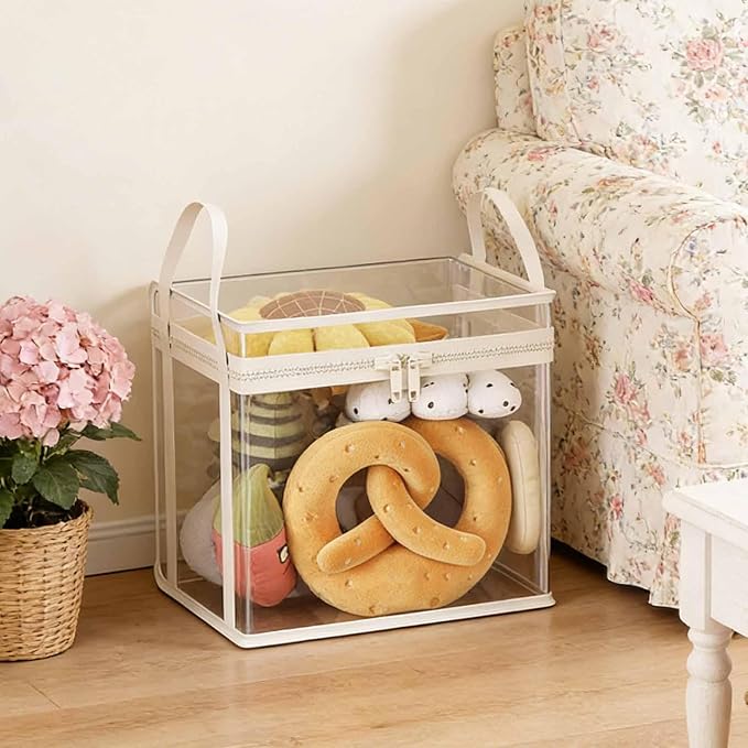 Stuffed Animal Storage PVC Organizer Bag Doll Storage Container Dustproof Box with Carrying Handle for Playroom Living Room Children's Birth (Cream White)