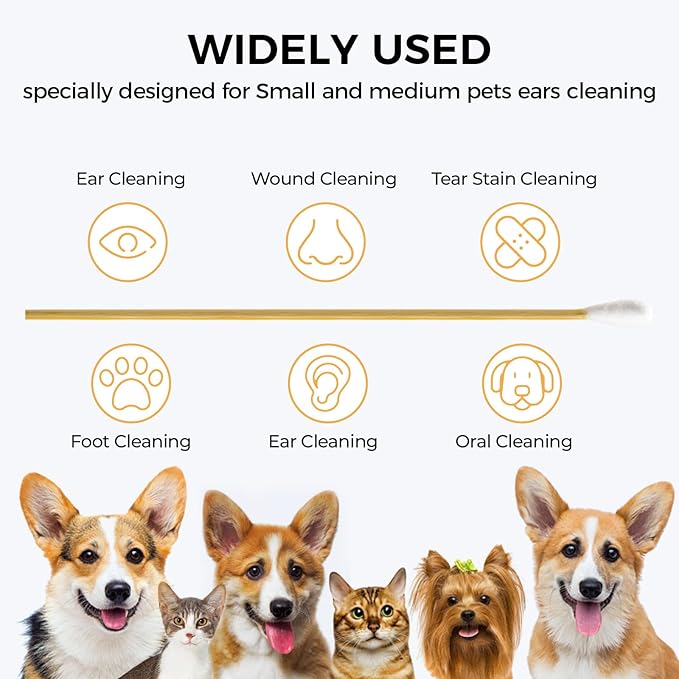 120PCS Long Cotton Swabs with Storage Box, 6 Inch Dog Ear Swabs - for Small and Medium Pet Ear Cleaning - Soft Cotton Tips, Gentle and Lint-Free, Specially Designed for Dogs (Medium)