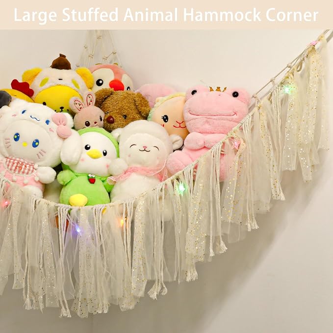 Stuffed Animal Hammock with LED Lights - 59 Inch Large Toy Storage Net for Kids Bedroom, Wall-Mounted Plush Organizer with Wooden Rings, Nursery Decor (Handwoven, White)