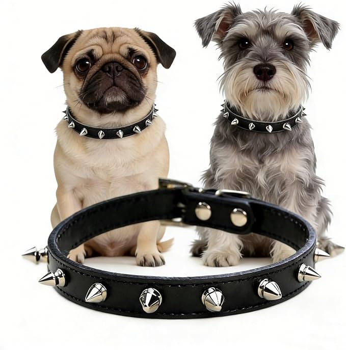 Enjoying Spike Cat Collar, Spiked Dog Collar for Small Dogs, Anti-Bite Studded Protective, Faux Leather Spiky Collar with Metal Rings for Hold Pet Tags/Leash, Adjustable, Black, S