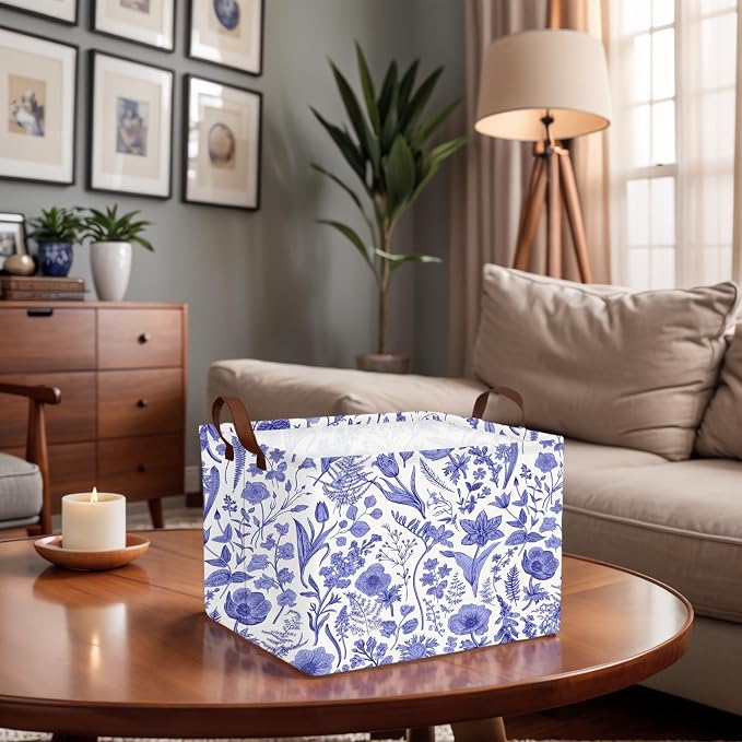 Chinoiserie Rectangle Storage Basket, Blue | Gift Basket Collapsible, Toy Bin, Nursery Playroom Bedroom Decor, Baby Child