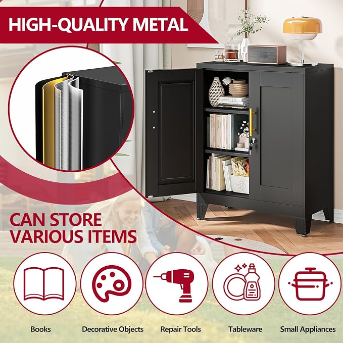 Black Metal Storage Cabinet, 36" Steel Locking Cabinets | Small Cabinet with Doors and 2 Adjustable Shelves, Utility Cabinet, Steel Locker Organizer for Office, Home, Garage, School