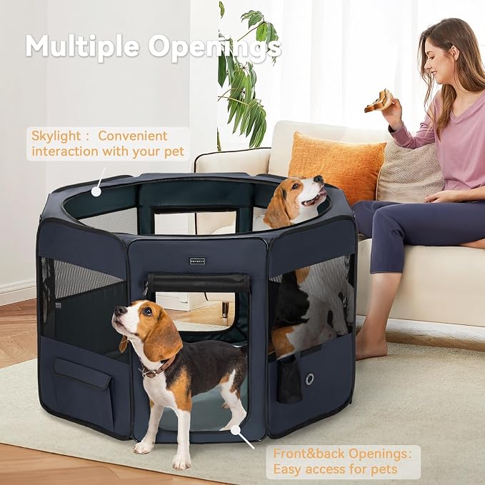 PETSFIT 45.5" Dog Playpen with Dual Zipper Doors | Sturdy Foldable, For Large & Medium Dogs, Removable Mesh Top, Leakproof Bottom