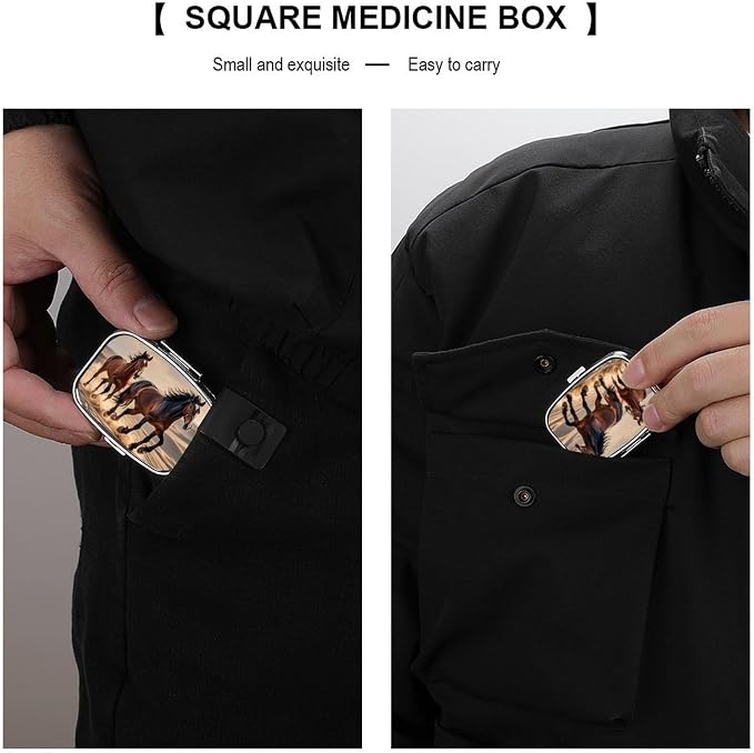 Horses Running in The Sand Pill Box 2 Compartment Medicine Pill Case Portable Pill Organizer for Pocket Or Purse Decorative Metal Medicine Vitamin Organizer