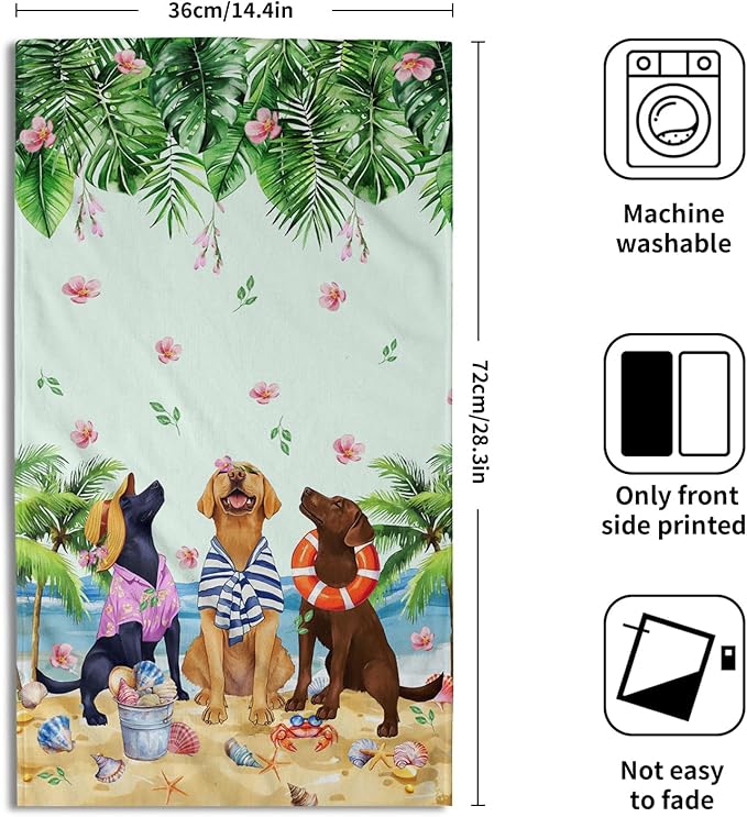 Giwawa Summer Dogs Hand Towel Set of 2, Funny Ocean Beach Coastal Puppy Towel, Tropical Palm Tree Leaf Floral Face Towel Quick Drying Dish Wash Cloth for Hotel Bathroom Gym Home Spa Decor
